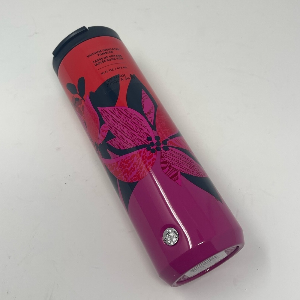 STARBUCKS TRAVEL TUMBLER 16oz VACUUM INSULATED RED & PINK FLORAL - Picture 2 of 2